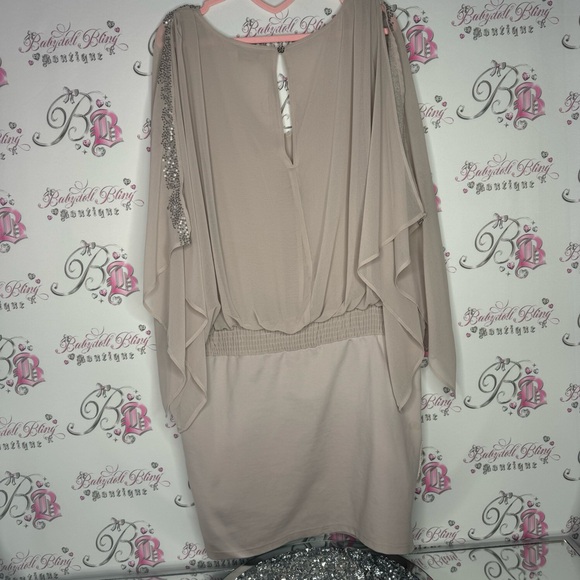 Cream dress bat wing open shoulder cold shoulder sparkly sequin tan flowy luxe - Picture 2 of 11